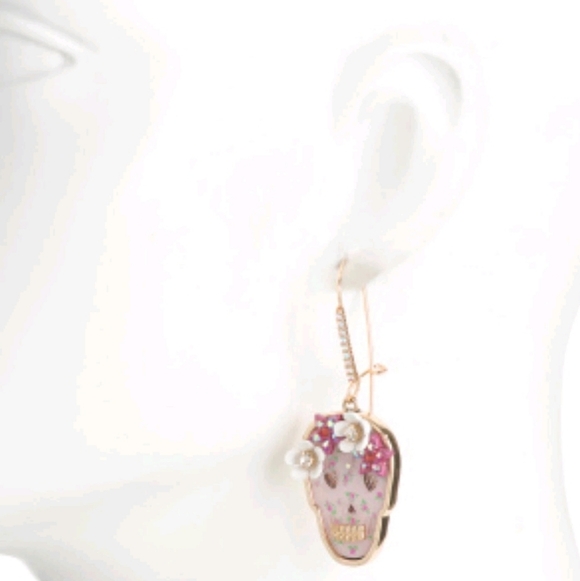 Betsey Johnson - NEW Pink and Gold Sugar Skull Dangling Earrings - Picture 3 of 7
